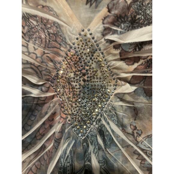 Chico’s Blouse Top Watercolor Size 2 Large Blue Pink Faux Diamond Studded 3/4 - Picture 3 of 11